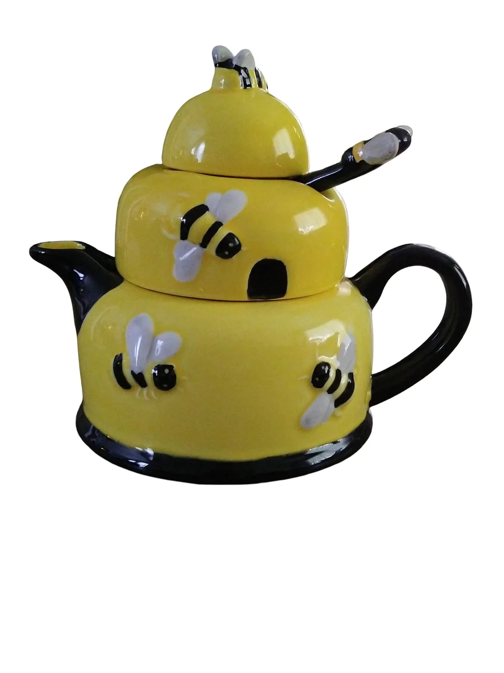 Houston Harvest 3 Piece Honey Bee Tea Stacked  Ceramic Teapot  Set
